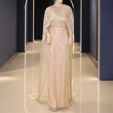 Champagne Heavy Pearls with Cape Evening Dress - FashionByTeresa
